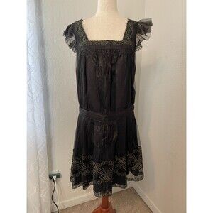 Anna Sui Black & Gold Romantic Gothic Lace Drop Waist Dress Size 8 Victorian